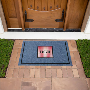 Monogram Blue Denim Red White Gingham Pattern Doormat