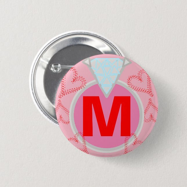 Monogram Blue Diamond Red Hearts 2 Inch Round Button (Front & Back)