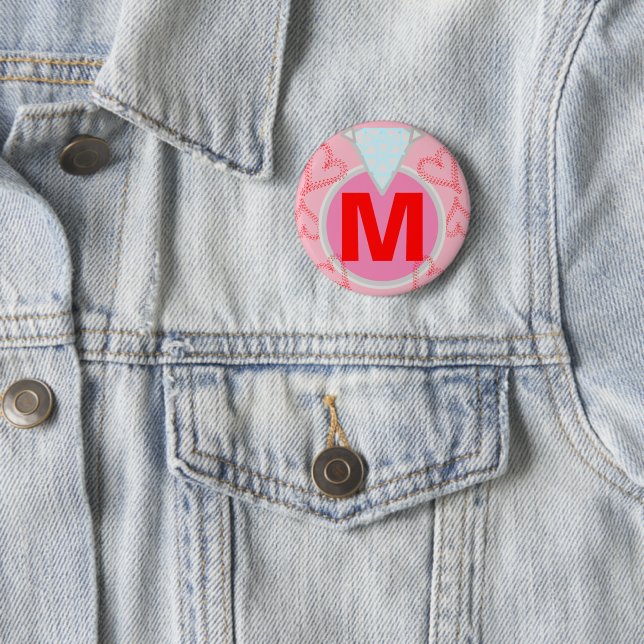 Monogram Blue Diamond Red Hearts 2 Inch Round Button (In Situ)