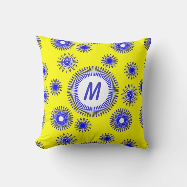 Monogram Blue Digital Flower Pattern Throw Pillow (Front)