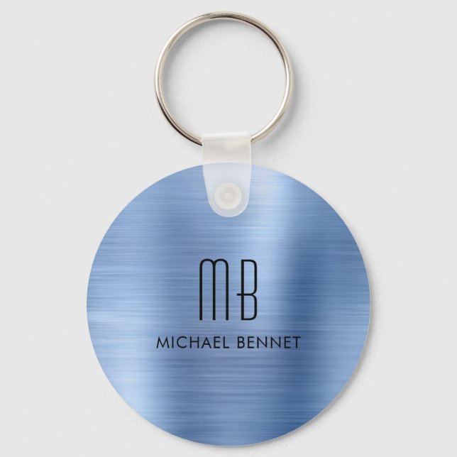 Monogram Blue Faux Brushed Metal  Keychain (Front)