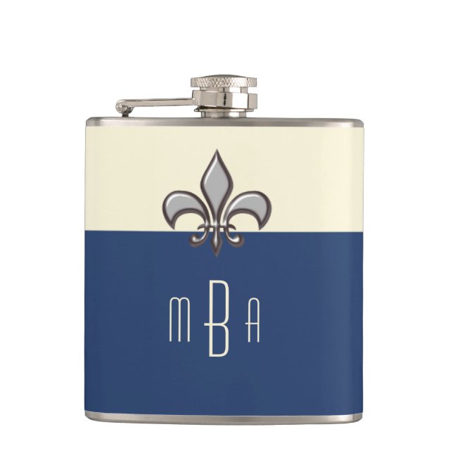 Monogram Blue Faux Metal Fleur de Lis Hip Flask (Front)