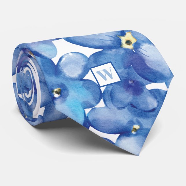 Monogram Blue Floral Botanical Neck Tie (Rolled)