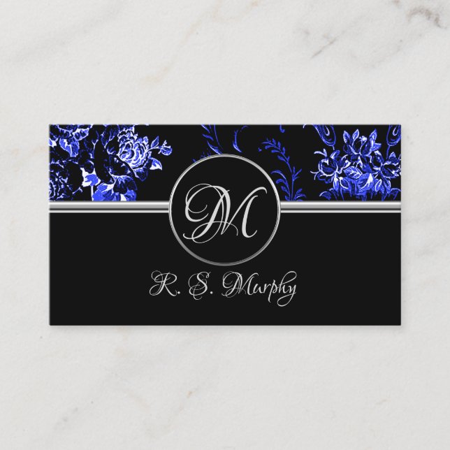 Monogram Blue Floral Business Card (Front)