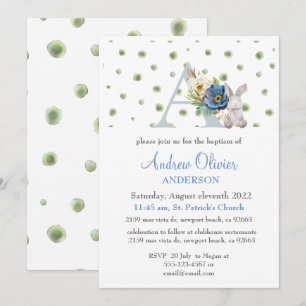 Monogram Blue Floral Greenery Baptism Boy Invitation