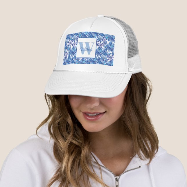 Monogram Blue Floral Name Trucker Hat (In Situ)