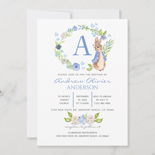 Monogram Blue Floral Peter Rabbit Baptism Boy   Invitation (Front)
