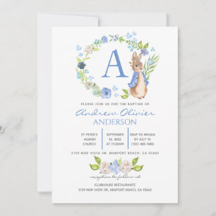 Monogram Blue Floral Peter Rabbit Baptism Boy Invitation