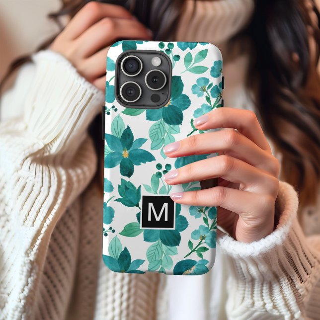 Monogram blue flower pattern iPhone case (Creator Uploaded)