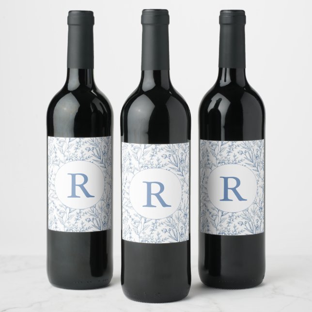 Monogram Blue French Floral Toile Wine Label (Bottles)