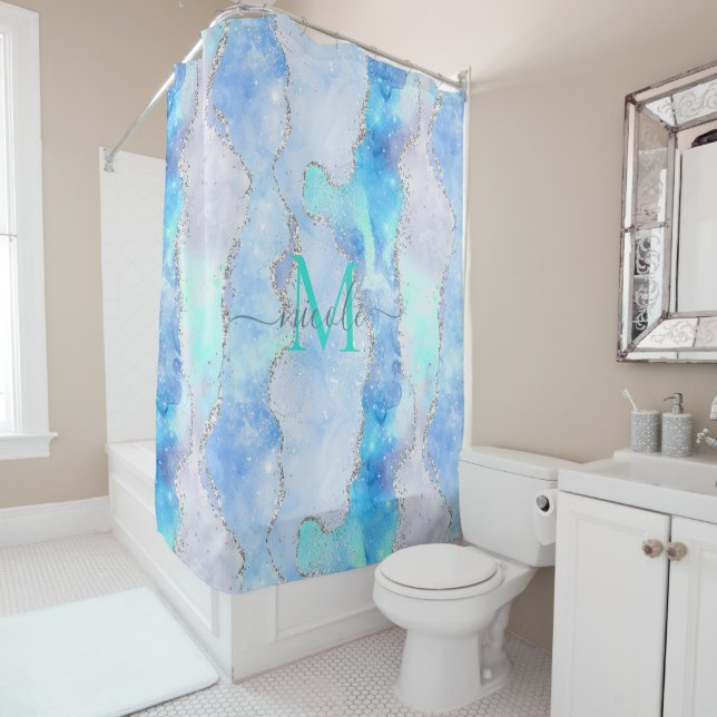Monogram Blue Galaxy Glitter Agate Shower Curtain (In Situ)