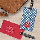 Monogram Blue Gingham and Red Luggage Tag<br><div class="desc">Travel in style with this stylish monogram luggage tag featuring a red square against a blue gingham pattern on the front with a match red back side.. Personalize it by replacing the placeholder text. For more options such as to change the font and it's size/colour or the spacing between letters...</div>