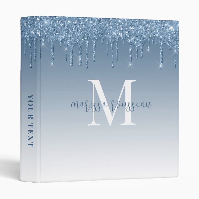 Monogram Blue Glitter Drip Sparkle Ombre  Binder (Front/Spine)