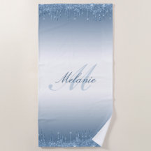 monogram blue glitter drips beach towel