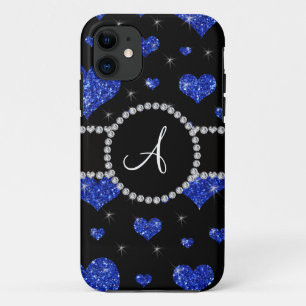 Monogram blue glitter hearts black diamonds circle iPhone 11 case