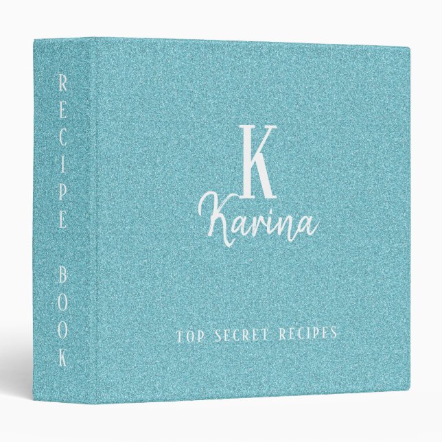 Monogram blue glitter sparkle personalized recipe binder (Front/Spine)