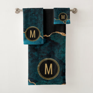 Monogram Blue Gold Agate Bath Towel Set
