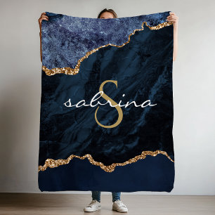 Monogram Blue Gold Agate Geode Fleece Blanket