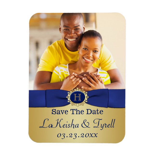 Monogram Blue, Gold Enregistrer la date Magnet pho (Vertical)