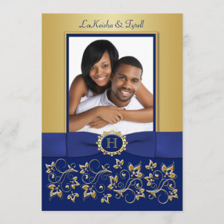 Monogram Blue, Gold Floral Photo Wedding Invite