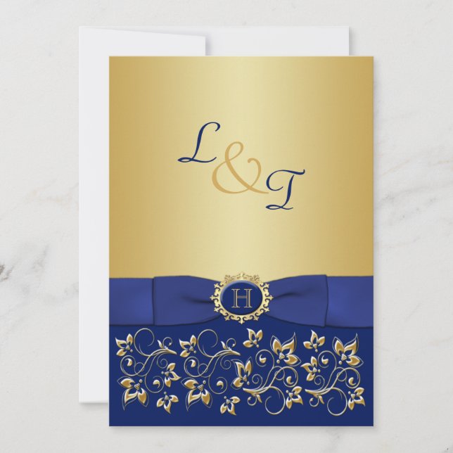 Monogram Blue, Gold Floral Scroll Wedding Invite (Front)