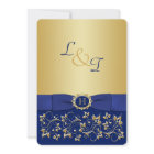 Monogram Blue, Gold Floral Scroll Wedding Invite
