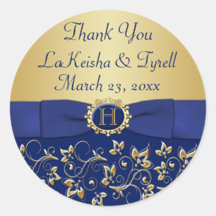 Monogram Blue, Gold Floral Wedding Favour Sticker