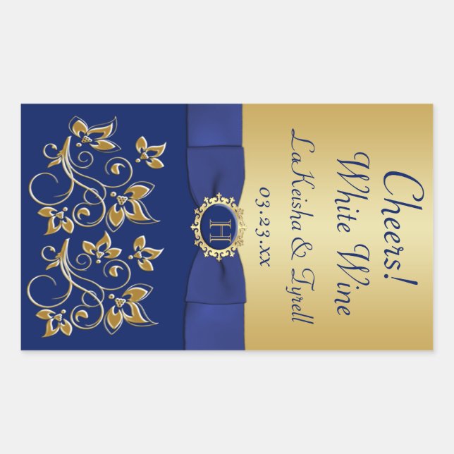 Monogram Blue, Gold Floral Wine Label Sticker (Front)