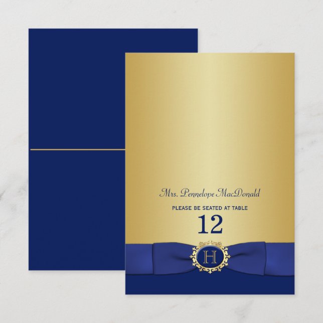 Monogram Blue, Gold Folding Place Card (Front/Back)