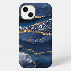 Monogram Blue Gold Glitter Agate Marble Trendy iPhone 13 Case