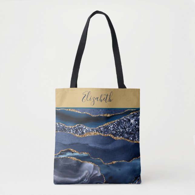 Monogram Blue Gold Glitter Agate Trendy Marble  Tote Bag (Front)
