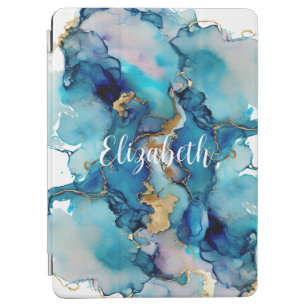 Monogram Blue Gold Wash Splash Watercolor Abstract iPad Air Cover