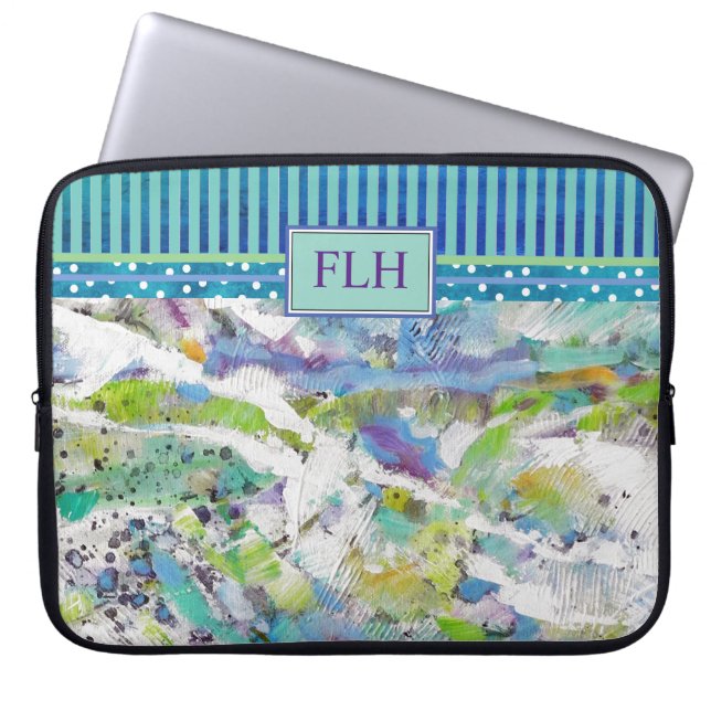 Monogram Blue Green Abstract Art & Stripes Laptop Sleeve (Front)