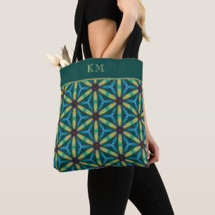 Monogram Blue Green Abstract Floral Chic Girly  Tote Bag