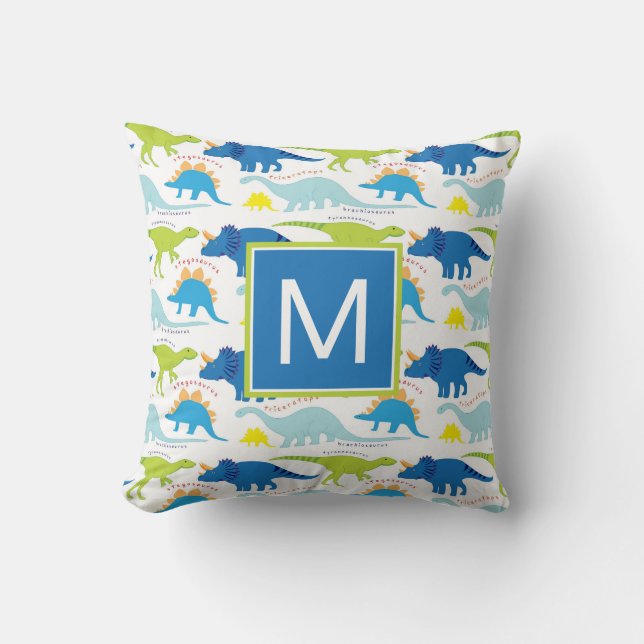 Monogram | Blue & Green Dinosaurs Throw Pillow (Front)