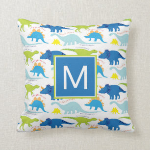 Monogram   Blue & Green Dinosaurs Throw Pillow