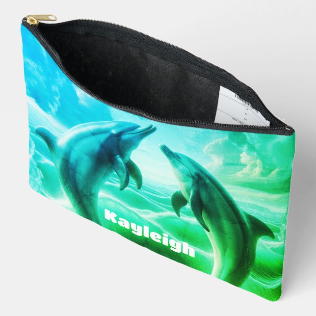 Monogram Blue Green Dolphins Ocean | Accessory Pouch (Open)