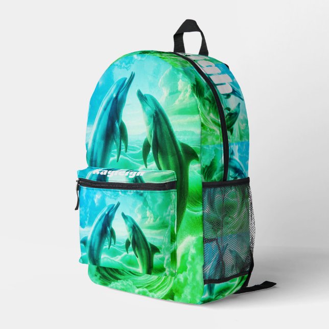 Monogram Blue & Green Dolphins Ocean | Printed Backpack (Back Corner Right)