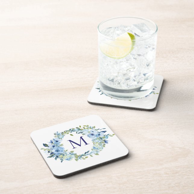 Monogram Blue Green Floral Botanical Watercolor  Coaster (Right Side)