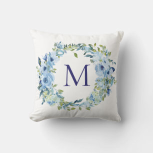Monogram Blue Green Floral Botanical Watercolor  Throw Pillow