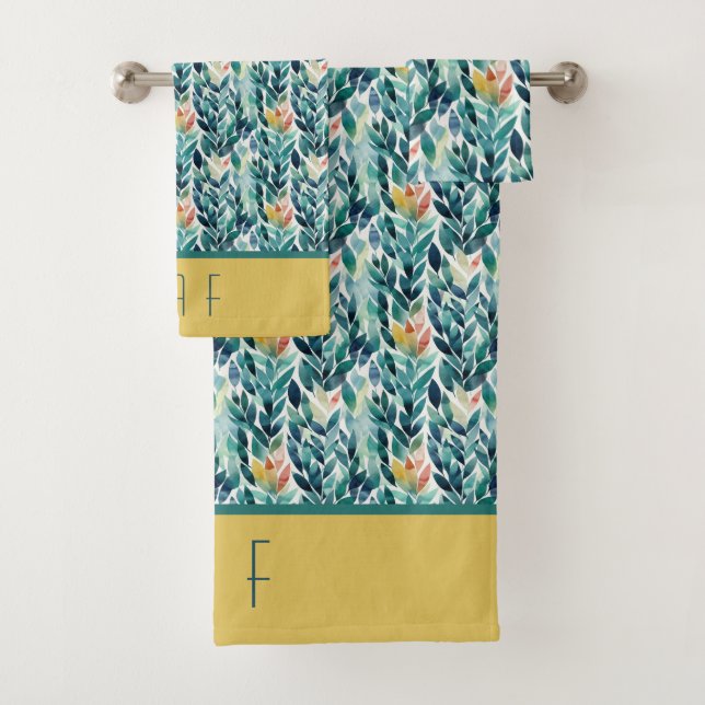 Monogram Blue Green Yellow Leaves Leaf Pattern Bath Towel Set (Insitu)