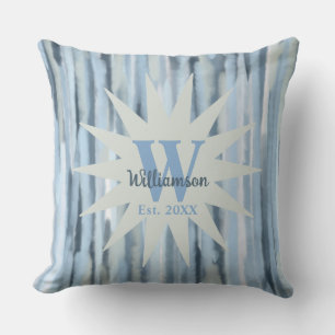 Monogram blue grey navy stripes watercolor marine throw pillow