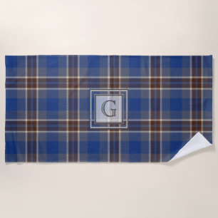 Monogram Blue Grey Tartan Gifts For Men Customized Beach Towel