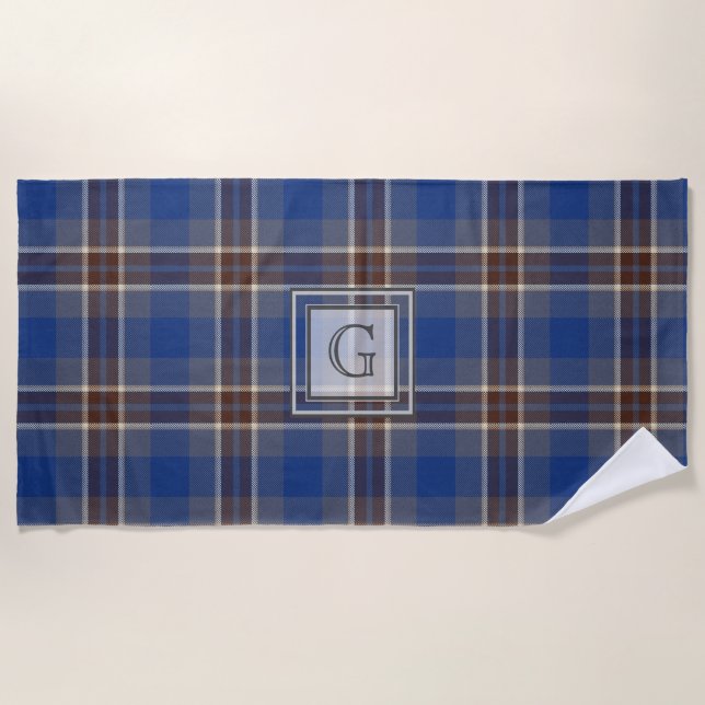 Monogram Blue Grey Tartan Gifts For Men Customized Beach Towel (Front)