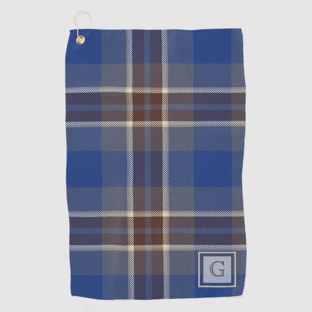 Monogram Blue Grey Tartan Gifts For Men Customized Golf Towel (Front)