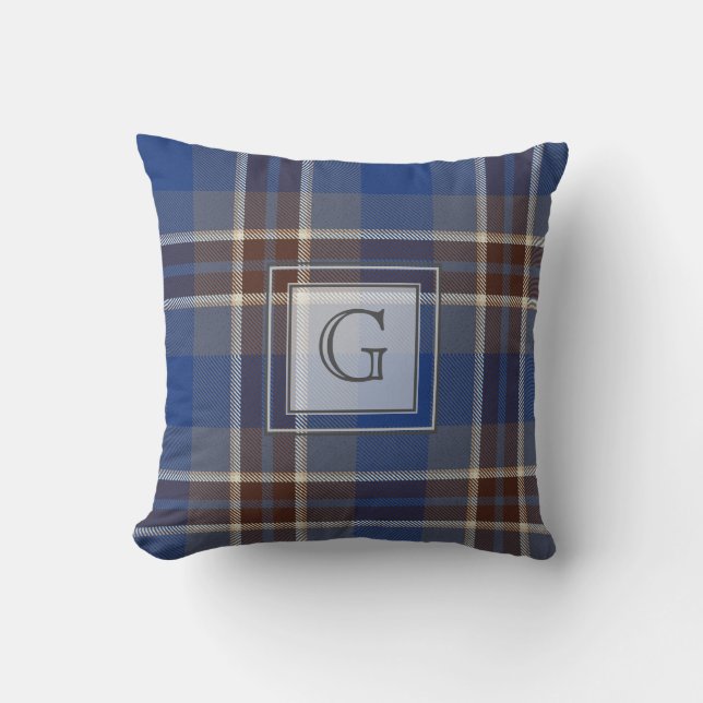 Monogram Blue Grey Tartan Gifts For Men Customized Throw Pillow (Front)