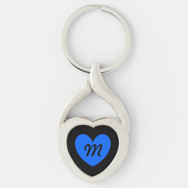 Monogram Blue heart on black Keychain (Front)