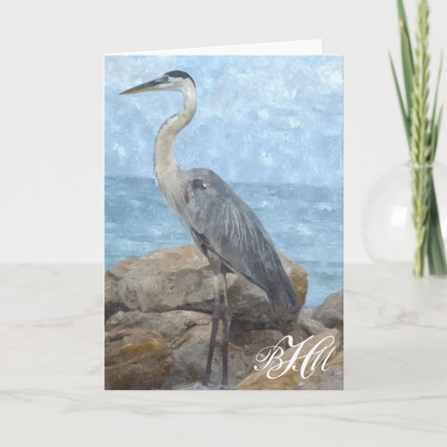 Monogram Blue Heron Thank You Note Card (Front)
