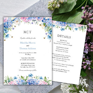 Monogram Blue Hydrangea Border Wedding All In One  Invitation