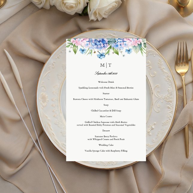 Monogram Blue Hydrangea Border Wedding Paper Menu (Creator Uploaded)